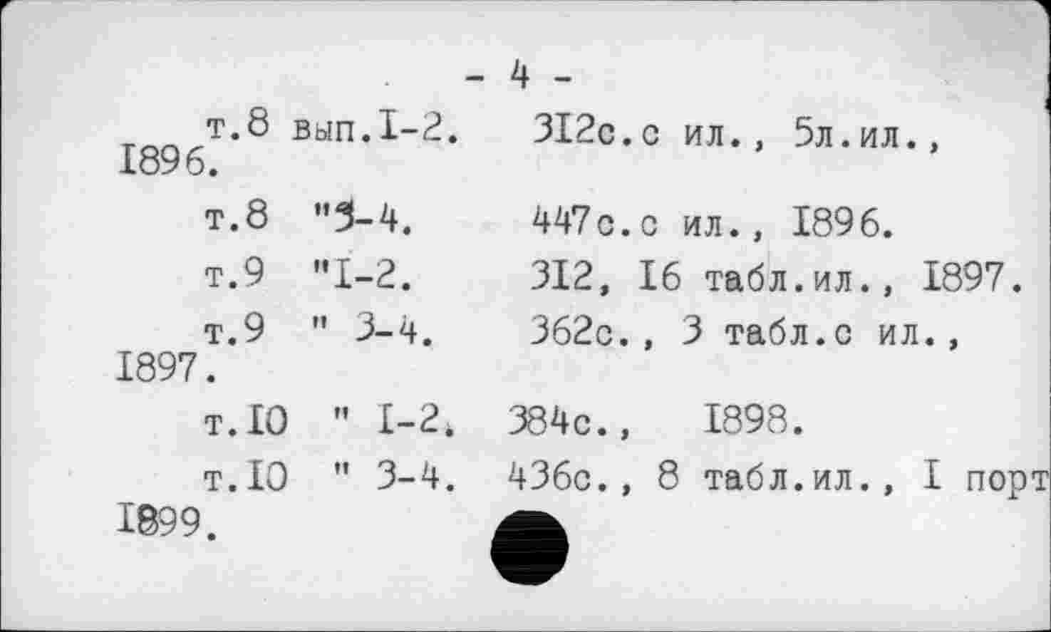 ﻿т.8 вып.1-2.
1896.
т.8 ”5-4.
т.9 ”1-2.
T.9 ” 3-4.
1897.
T.10 ” I-2è
T.10 ” 3-4.
1899.
3I2c. с ил., 5л.ил.,
447с.о ил., 1896.
312, 16 табл.ил., 1897.
362с., 3 табл.с ил.,
384с.,	1898.
436с., 8 табл.ил.,
I